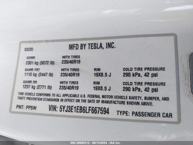 Tesla Model 3 Long Range Dual Motor All-wheel Drive 2020 5YJ3E1EB6LF667594 Image 9