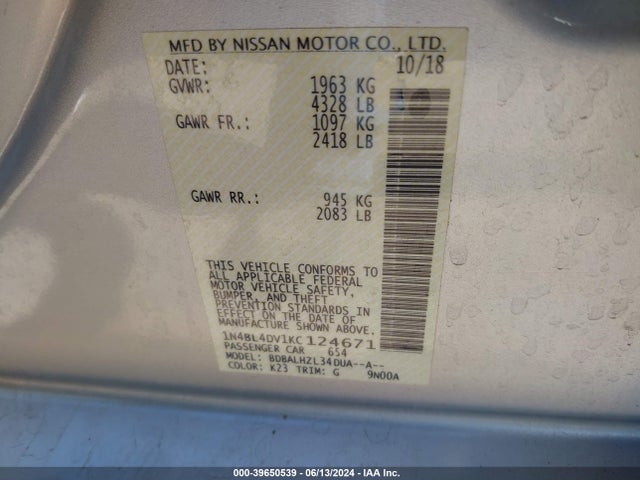Nissan Altima 2.5 Sv 2019 1N4BL4DV1KC124671 Image 9