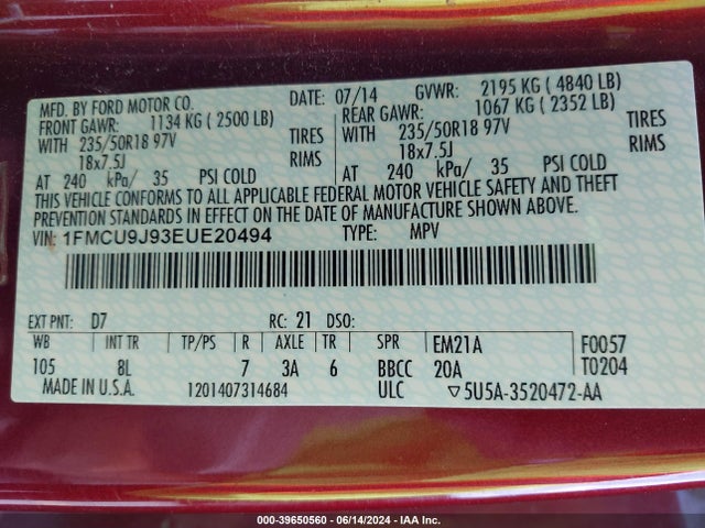 Ford Escape Titanium 2014 1FMCU9J93EUE20494 Image 9