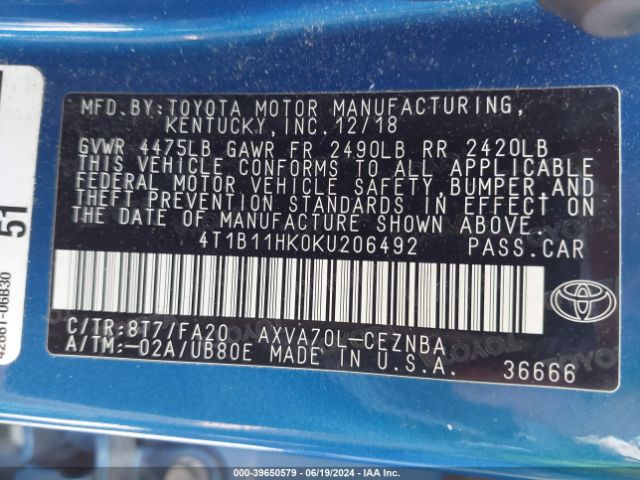 4T1B11HK0KU206492 Toyota CAMRY LE
