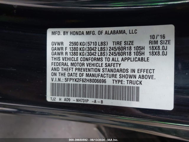 Honda Ridgeline Rtl-t 2017 5FPYK2F62HB006696 Image 9