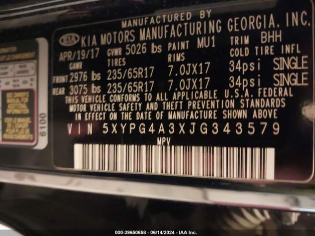 5XYPG4A3XJG343579 KIA Sorento 2.4l Lx