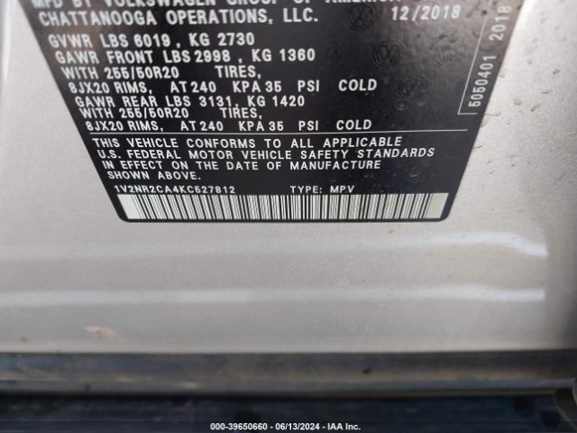 1V2NR2CA4KC527812 Volkswagen Atlas 3.6l V6 Sel Premium