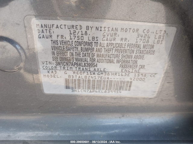 Nissan Versa 1.6 Sv 2019 3N1CN7AP6KL839954 Image 9