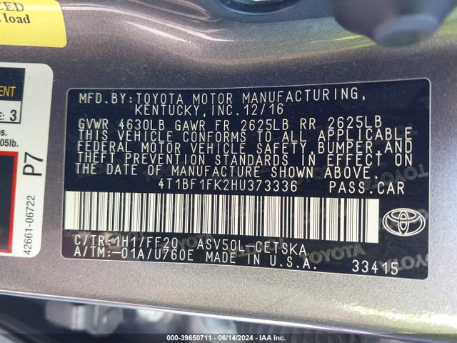 Toyota CAMRY SE 2017 4T1BF1FK2HU373336 Image 9