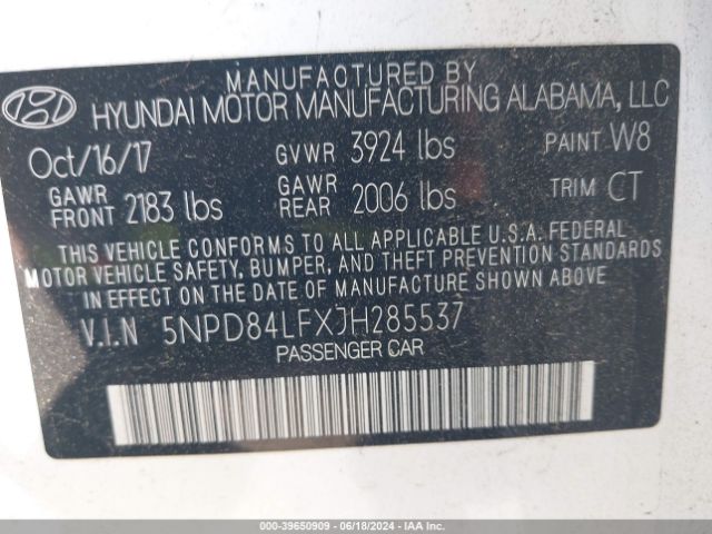 5NPD84LFXJH285537 Hyundai ELANTRA SEL
