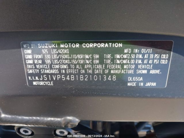 2011 SUZUKI DL650 JS1VP54B1B2101348 Photo 9