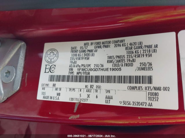 1FMCU0GD7HUE19005 Ford gtdi sigma w/premium fuel