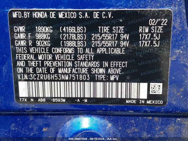 3CZRU6H53NM751803 Honda Hr-v Awd Ex
