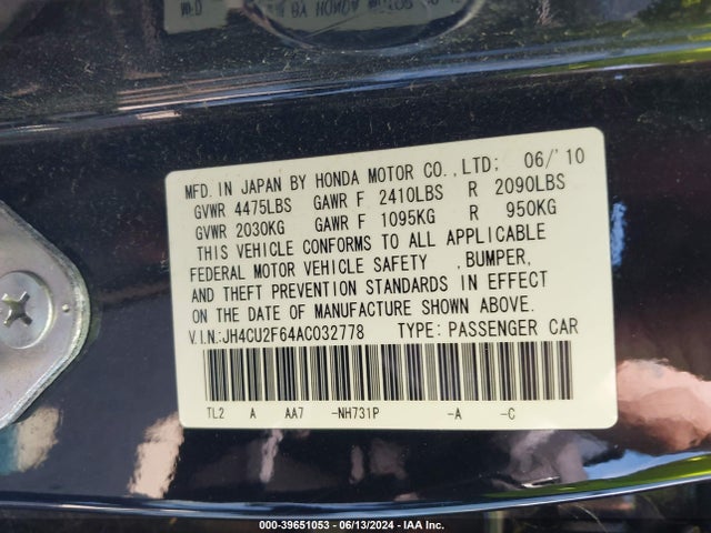 Продаж на аукціоні авто 2010 Acura Tsx 2.4, vin: JH4CU2F64AC032778, номер лоту: 39651053