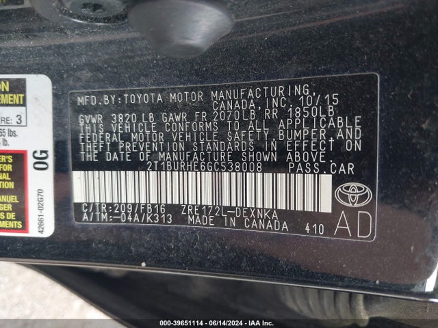 Toyota COROLLA LE 2016 2T1BURHE6GC538008 Image 9