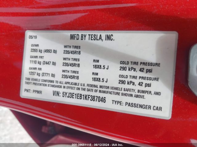 5YJ3E1EB1KF387046 Tesla Model 3 Long Range/performance
