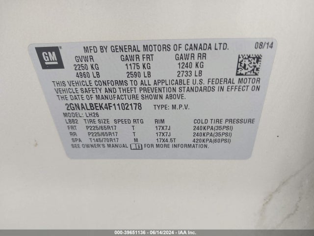 Chevrolet EQUINOX 1LT 2015 2GNALBEK4F1102178 Image 9
