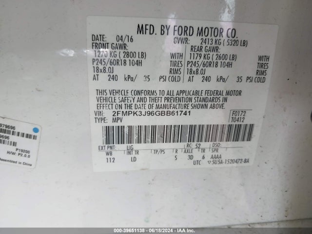 Ford EDGE SEL 2016 2FMPK3J96GBB61741 Image 9