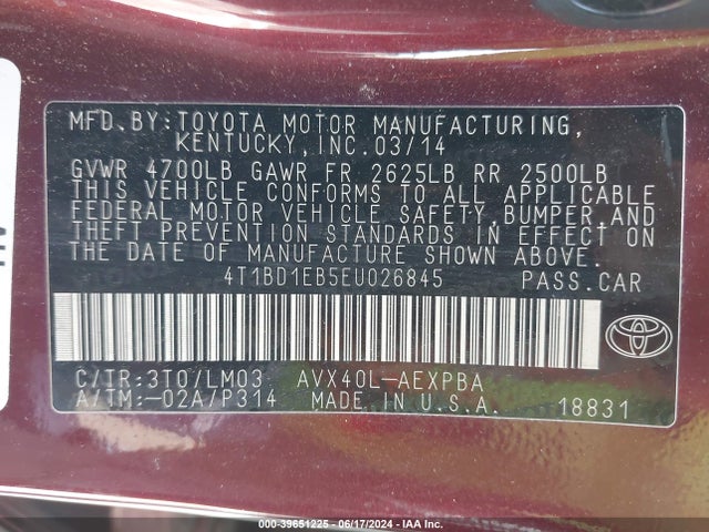 Toyota Avalon Hybrid Limited 2014 4T1BD1EB5EU026845 Image 9