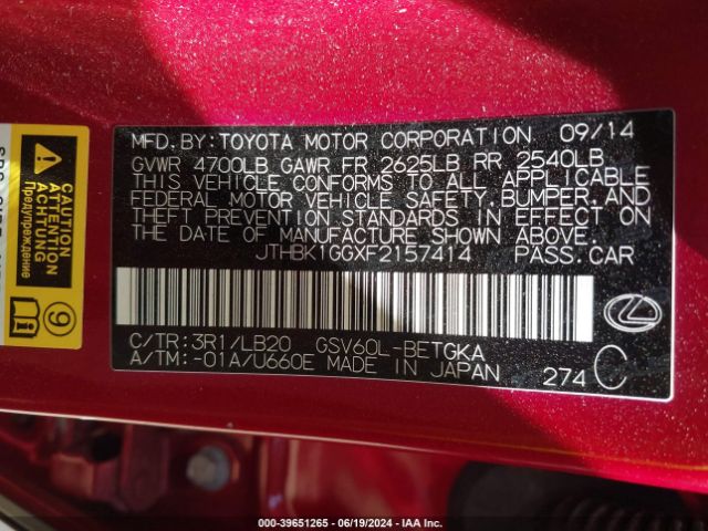 JTHBK1GGXF2157414 Lexus ES 350