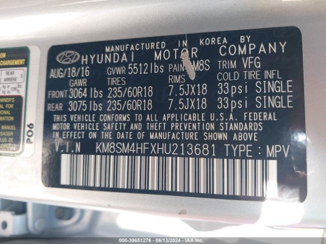 KM8SM4HFXHU213681 Hyundai Santa Fe Se