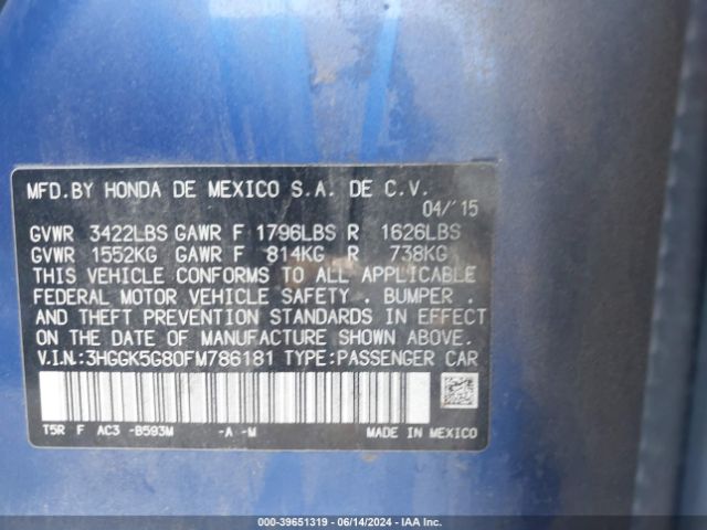 3HGGK5G80FM786181 Honda FIT EX
