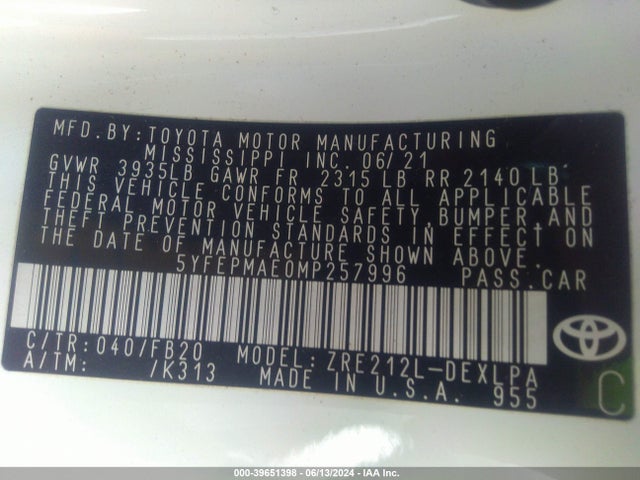 Toyota COROLLA LE 2021 5YFEPMAE0MP257996 Image 9