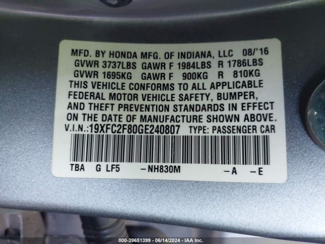 19XFC2F80GE240807 Honda CIVIC EX