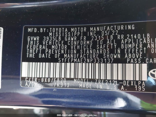 Toyota COROLLA LE 2022 5YFEPMAE2NP333137 Image 9