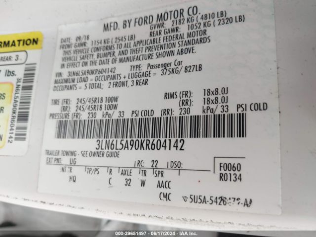 3LN6L5A90KR604142 Lincoln Mkz Standard