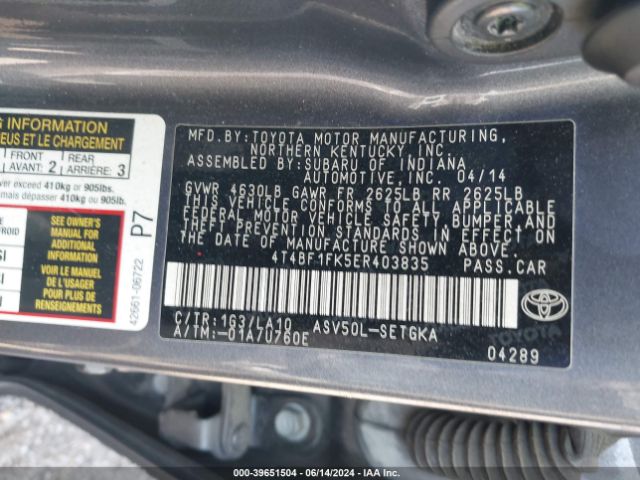 4T4BF1FK5ER403835 Toyota CAMRY XLE