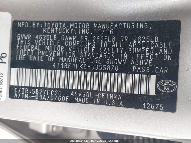 Toyota CAMRY LE 2017 4T1BF1FK9HU355870 Image 9