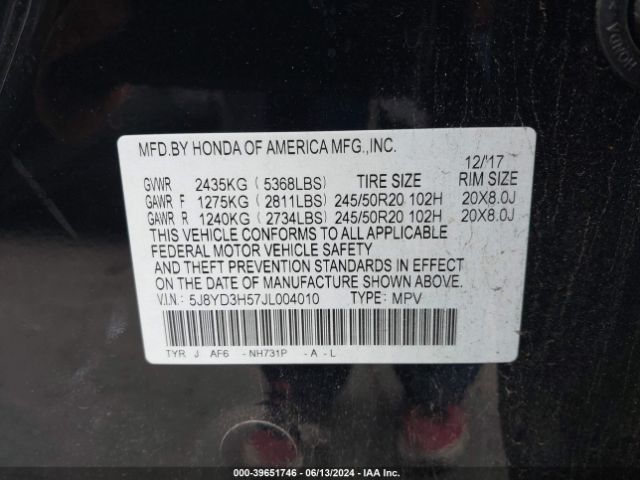 5J8YD3H57JL004010 Acura Mdx Technology Package   Acurawatch Plus Pkg