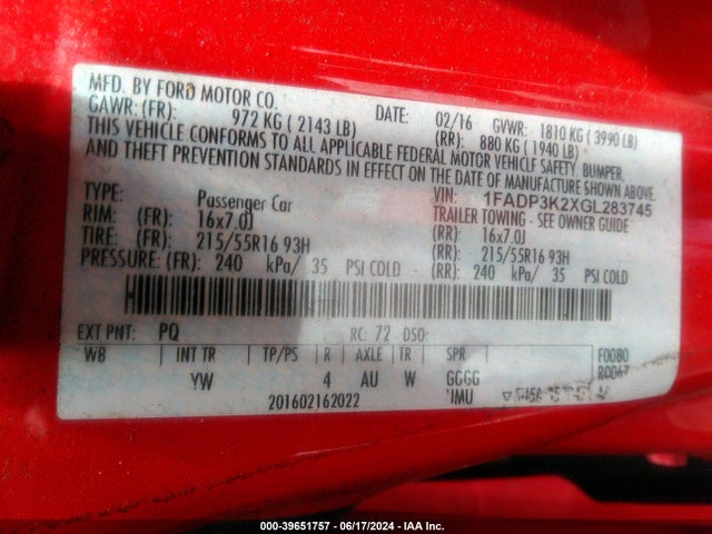1FADP3K2XGL283745 Ford FOCUS SE