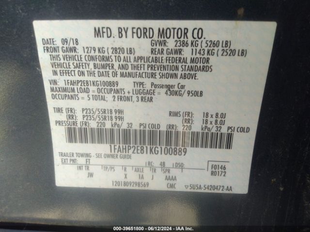 1FAHP2E81KG100889 Ford TAURUS SEL