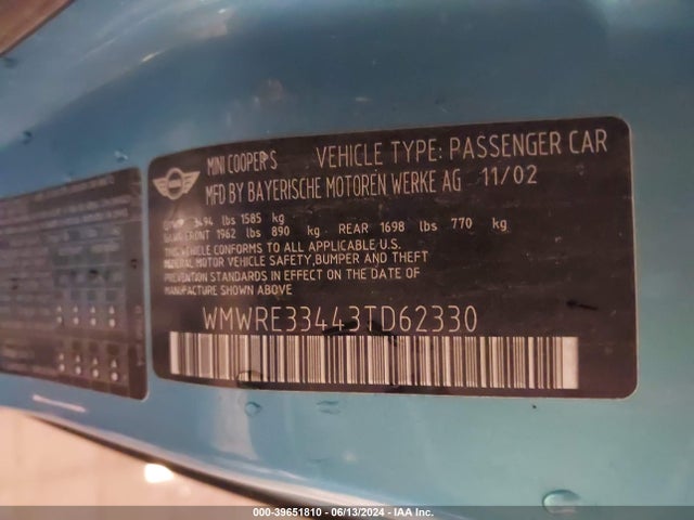 2003 MINI COOPER S WMWRE33443TD62330 Photo 8