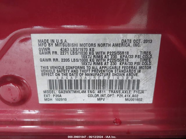 4A4AP3AU6EE014300 Mitsubishi Outlander Sport Es