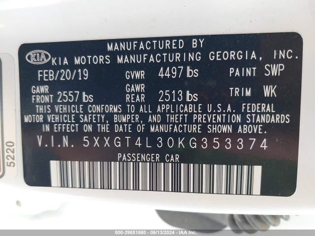 KIA Optima Lx 2019 5XXGT4L30KG353374 Image 9