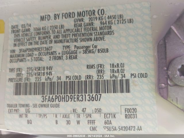 3FA6P0HD9ER313607 Ford FUSION SE