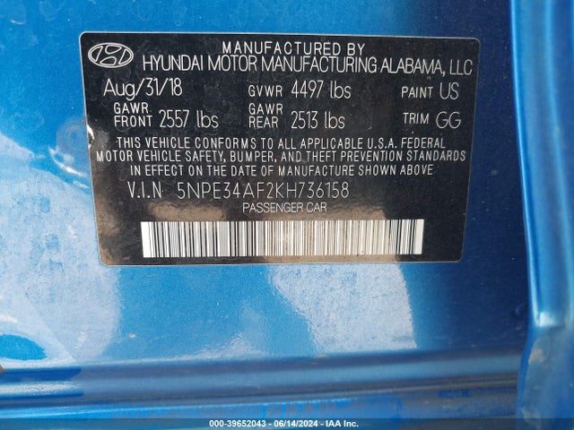 Hyundai Sonata Limited 2019 5NPE34AF2KH736158 Image 9