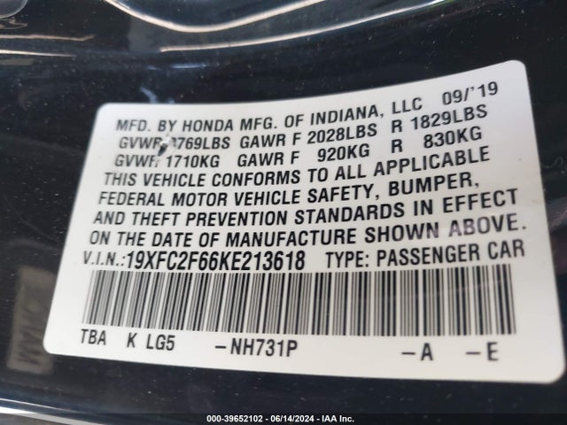 Honda Civic Lx 2019 19XFC2F66KE213618 Image 9