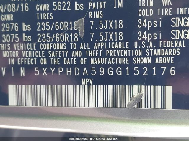 5XYPHDA59GG152176 KIA Sorento 3.3l Ex