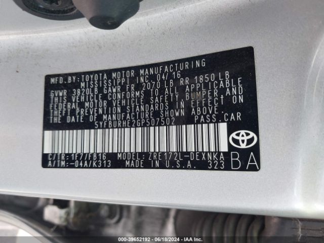 5YFBURHE2GP507502 Toyota COROLLA LE