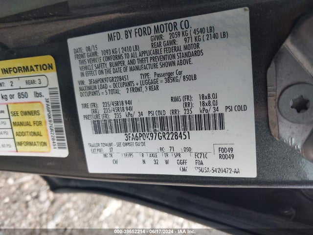 Ford Fusion Titanium 2016 3FA6P0K97GR228451 Image 9