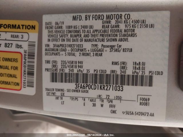 3FA6P0CD1KR271033 Ford FUSION SEL
