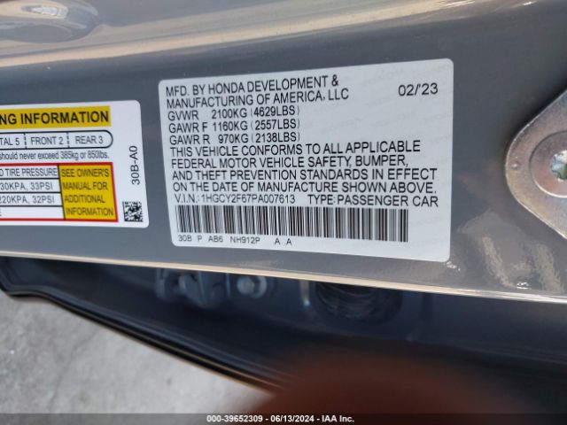 1HGCY2F67PA007613 Honda Accord Hybrid Ex-l