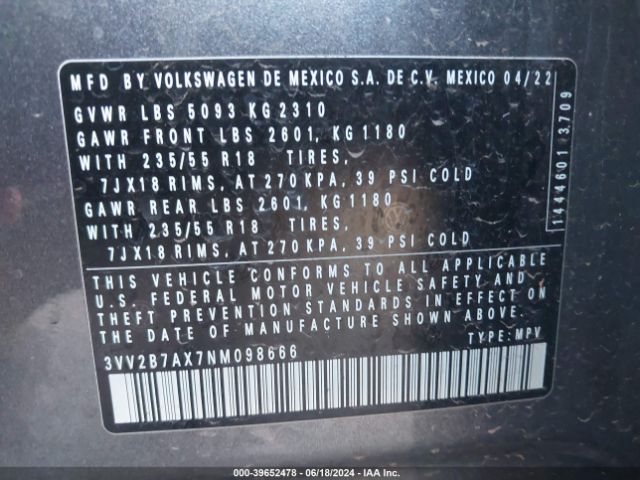 3VV2B7AX7NM098666 Volkswagen Tiguan 2.0t Se
