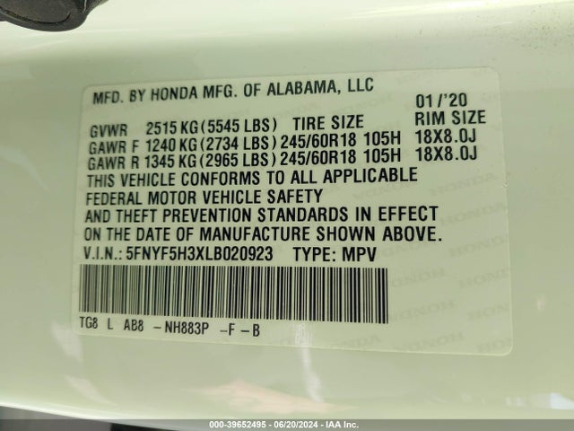 Honda Pilot 2wd Ex 2020 5FNYF5H3XLB020923 Image 9