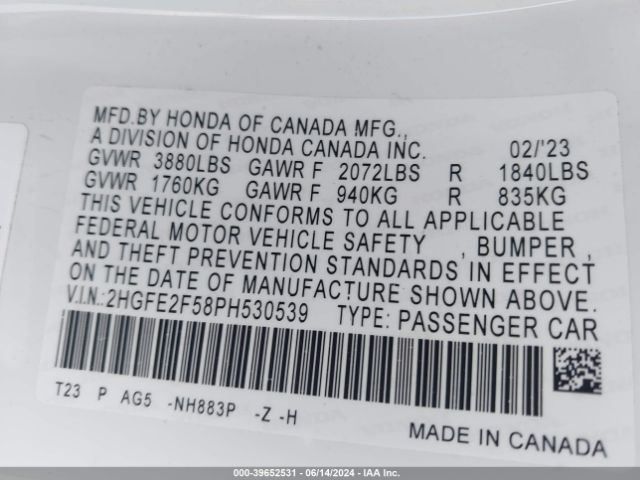 2HGFE2F58PH530539 Honda Civic Sport