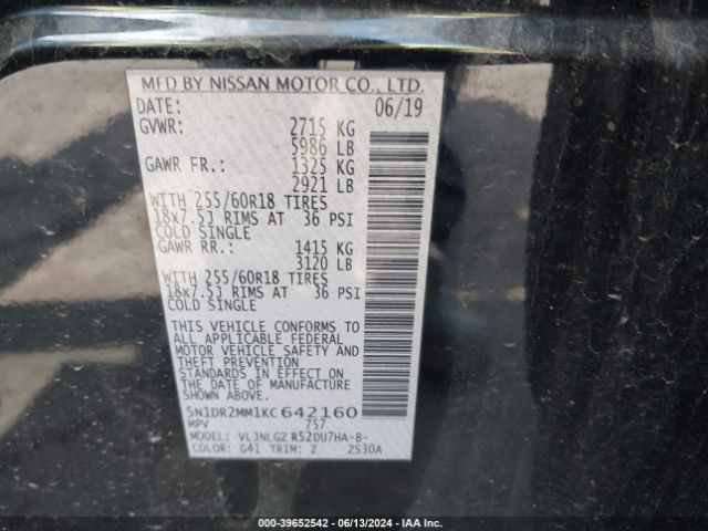 5N1DR2MM1KC642160 Nissan Pathfinder Sl