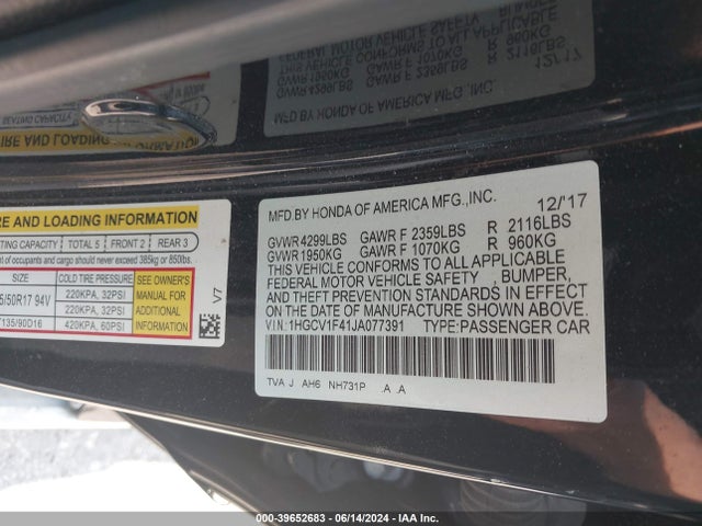 Honda ACCORD EX 2018 1HGCV1F41JA077391 Image 9