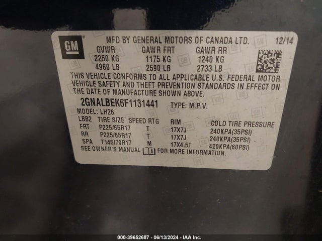 Chevrolet EQUINOX 1LT 2015 2GNALBEK6F1131441 Image 9