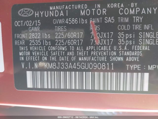 KM8J33A45GU090811 Hyundai TUCSON SE