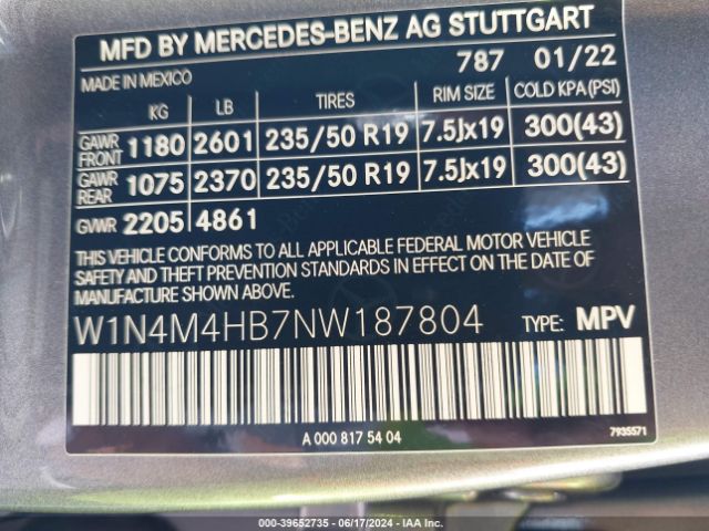 W1N4M4HB7NW187804 Mercedes-Benz Glb 250 4matic